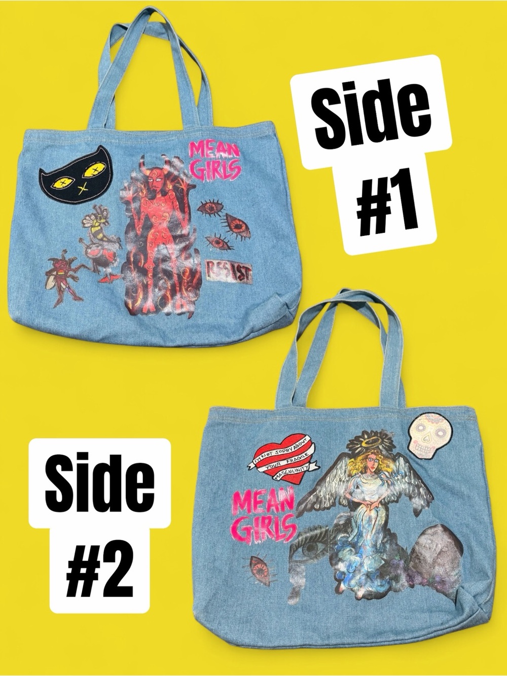 1 of 1 Custom Reworked Denim Tote Bag - Mean Girls Alt / Grunge Style/ Y2K
